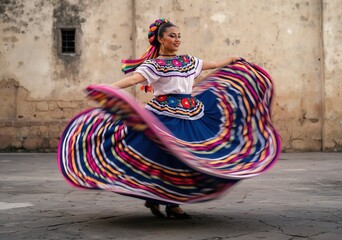 Young woman wearing traditional mexican dress dancing in front of an old wall