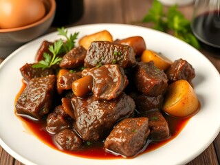 Delicious Homemade Beef Stew with Potatoes, Parsley & Wine, Close-Up on a White Plate.