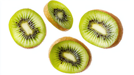 Fototapeta premium Floating kiwi slices in mid air with white background