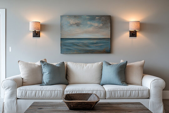 Coastal vibes classical neutral cream and light blue interior. Living room with sofa and seascape painting above. 
