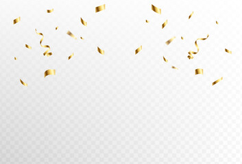 Gold confetti and ribbon streamers falling on a transparent background. blur. Transparent. Small and large.abstract style. Vector eps 10