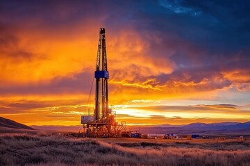 Natural gas drilling rig at sunset scenic landscape industrial environment captivating viewpoint vibrant energy concept