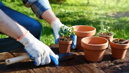 Fototapeta premium Set Of Tools For Gardener And Flowerpots In Sunny Garden 