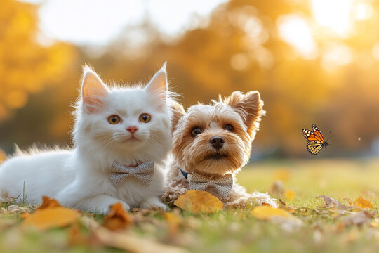 a photo of a happy cat and dog wearing bow ties, chasing butterflies in the park at sunset. the scene is bathed in warm