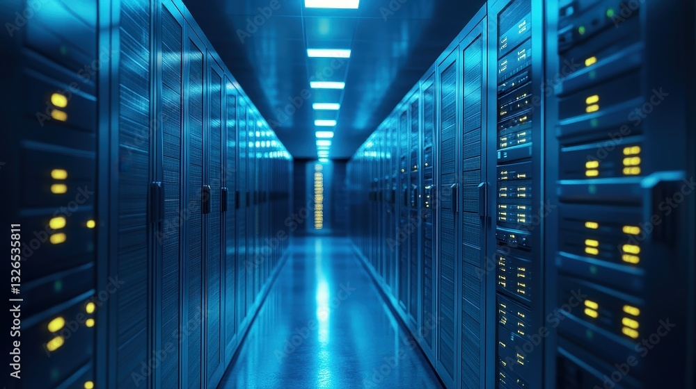 Aufkleber a futuristic data center corridor illuminated in blue light, showcasing rows of server racks and dig