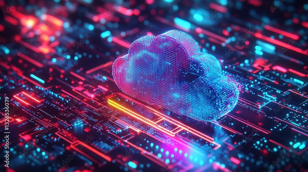 Poster a vibrant digital cloud composed of colorful pixels, set against a backdrop of intricate, glowing ci