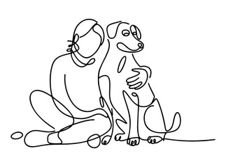owner dog fun walk love one line art design vector
