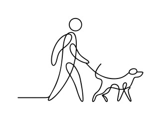 owner dog fun walk love one line art design vector