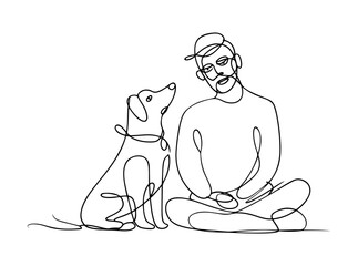 owner dog fun walk love one line art design vector