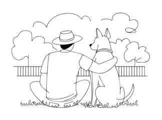 owner dog fun walk love one line art design vector