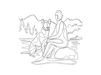 owner dog fun walk love one line art design vector
