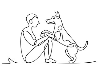 owner dog fun walk love one line art design vector