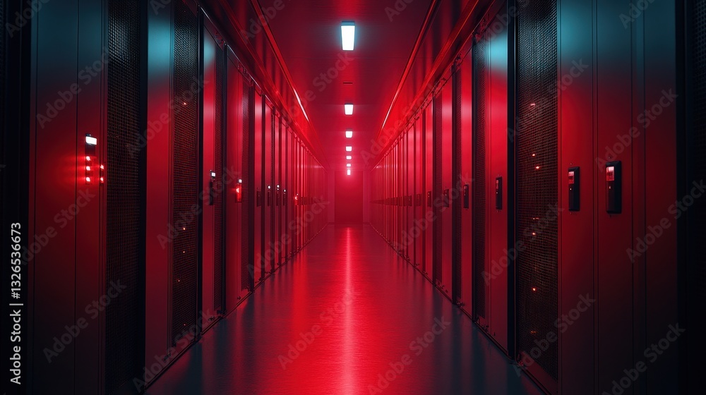 Poster a dimly lit corridor in a data center, featuring rows of servers illuminated by red lights, creating