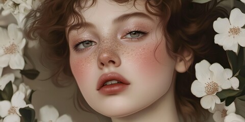 Portrait of a young woman with curly hair surrounded by white flowers, showcasing delicate features and soft expressions