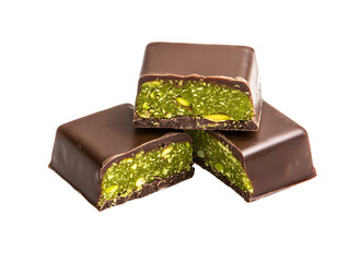 Dubai chocolate bar filled with pistachio isolated on white background.