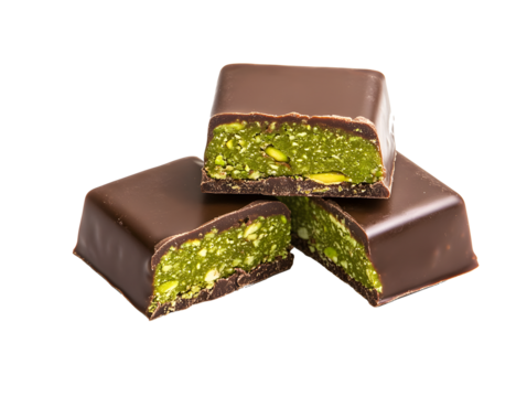 Dubai chocolate bar filled with pistachio isolated on white background.