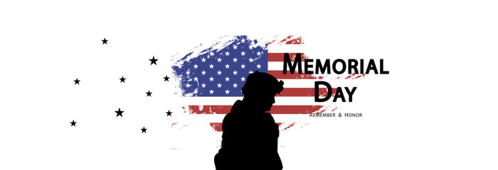 Memorial day and silhouette of an officer on the background of the flag of the United States of America.