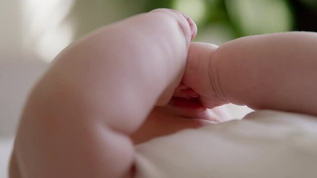 Close-up of a child's mouth. Baby putting his chubby hand in his mouth. Concept of caring for a newborn. Concept of happy motherhood. Innocence and safety offered by parents to little children