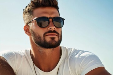 Handsome bearded man wearing sunglasses enjoying summer sun