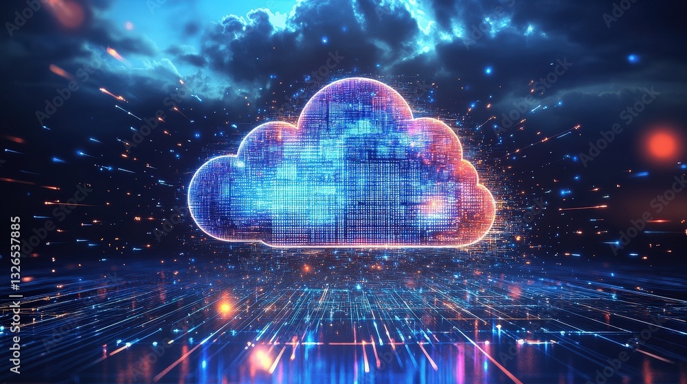 Poster a digital representation of a cloud with vibrant, glowing connections, symbolizing data transfer and
