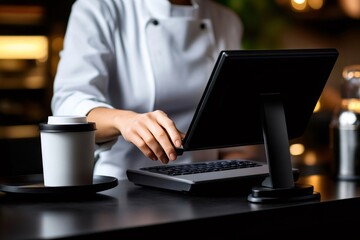 Chef using point of sale system in restaurant kitchen