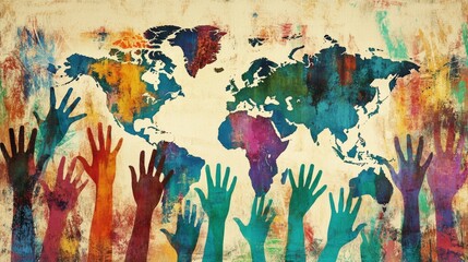Naklejka premium Colorful World Map with Outstretched Hands Representing Unity and Diversity in Humanity