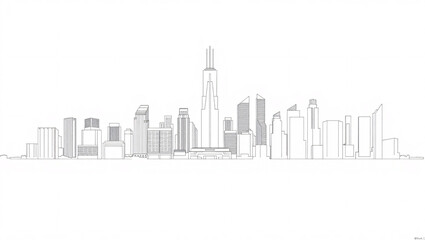 Minimalist black line drawing of Chicago skyline architecture against white background
