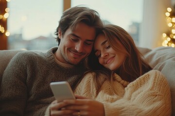a young couple enjoying each other's company on a sofa while looking at a smartphone