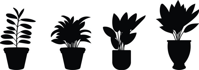 Silhouettes of Houseplants in Black Color Trendy Home Decor with Indoor Plants, Planters, and Tropical Leaves 