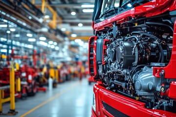 Fototapeta premium Close up of red truck engine in modern automotive factory with blurred cars for commercial use