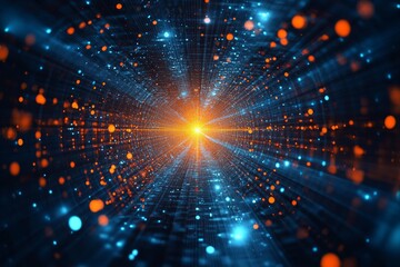 Obraz premium Abstract 3d background with blue and orange dots radiating light, symbolizing digital innovation