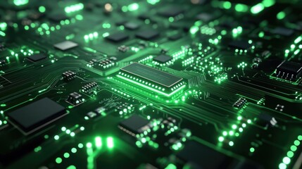 Obraz premium Closeup of Illuminated Green Circuit Board with Integrated Circuit Chip