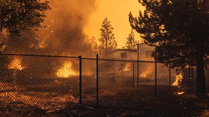A fenced backyard with ash falling as a wildfire approaches the treeline. picture