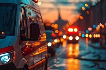 Close up of an ambulance in moscow traffic at sunset, featuring a beautiful bokeh background effect