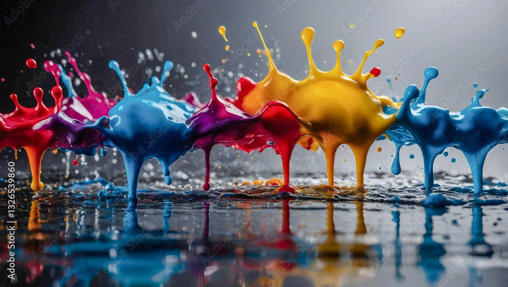 Poster colorful paint droplets splashing in a dynamic studio setting.