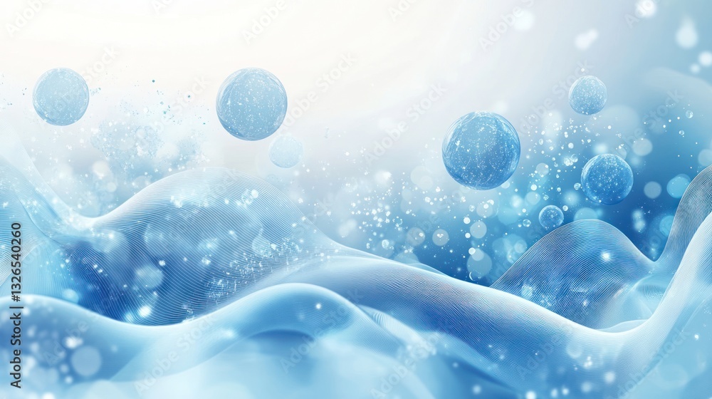 Poster abstract blue water wave background with floating spheres and bokeh.