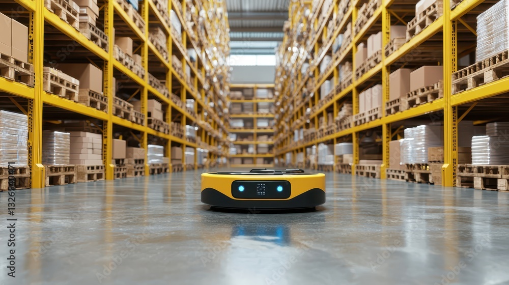 Poster autonomous robot in empty warehouse with stacked pallets