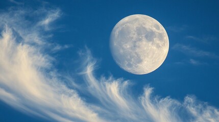 Moon Emerging Through Wispy Cirrus Clouds in a Serene Night Sky Scene