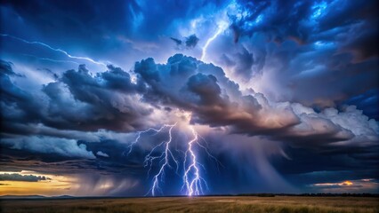 Dramatic storm clouds with lightning illuminate a dark blue sky