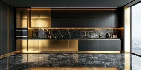 Modern kitchen design with black marble countertops and gold accents in high-rise apartment at sunset