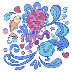 Octopus fish and whimsical blue swirls.