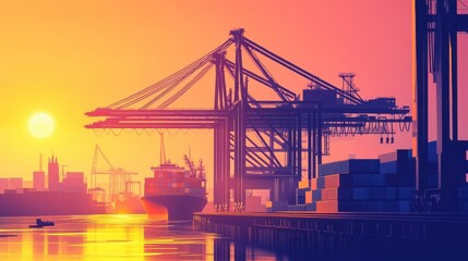 Obraz premium Sunset Over Shipping Port