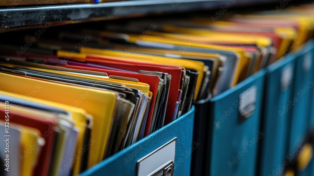 Poster a close-up view of organized file folders in a cabinet, showcasing various colors and a structured f