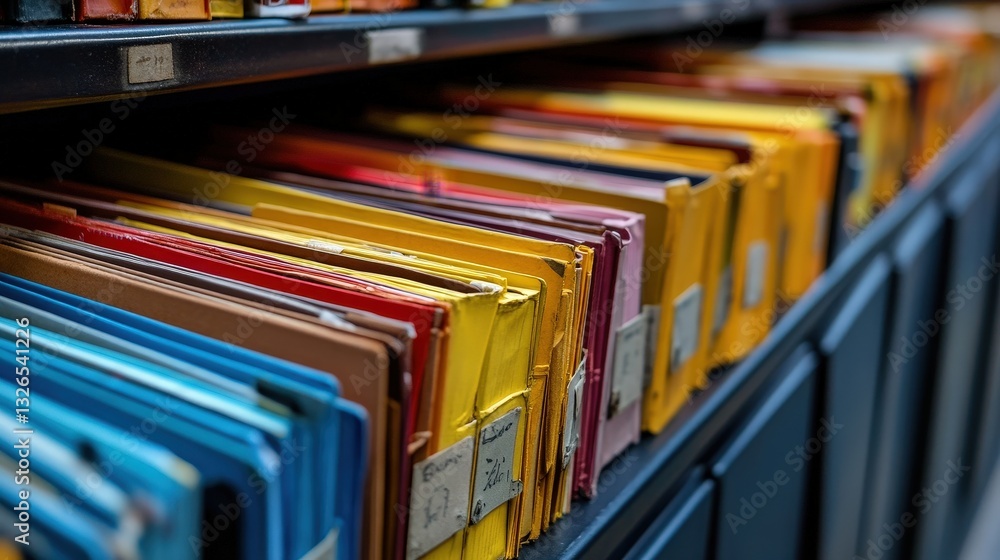 Poster a close-up view of colorful file folders neatly arranged on a shelf, showcasing an organized storage
