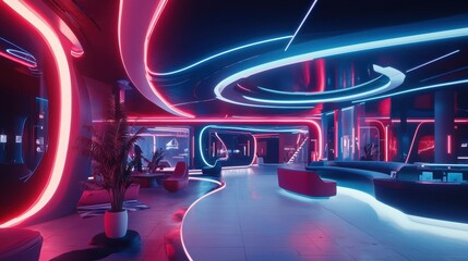 Futuristic Interior with Neon Lights and Sleek Design Aesthetics
