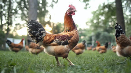 Fototapeta premium Free-range rooster and hens on green grass in farm yard. Colorful chickens enjoying outdoor natural environment, showcasing organic farming and sustainable poultry raising practices.