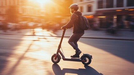 Young man riding electric scooter in city during golden hour
