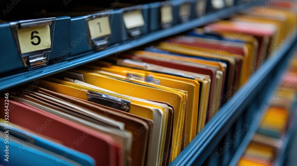 Aufkleber a close-up view of organized file folders in a blue filing cabinet, showcasing various colors and la