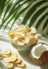 Bowl of Crispy Banana Chips with Fresh Coconut and Palm Leaves