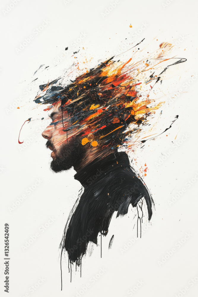 Poster a dark figure amidst an explosion, showcasing high fidelity and vibrant chaos in a dynamic visual co